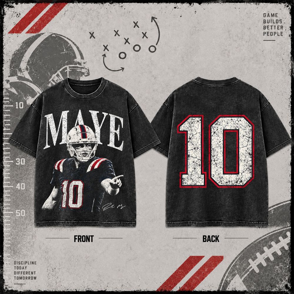Drake Maye #10 | Premium NFL Player Graphic Acid Wash T-Shirt