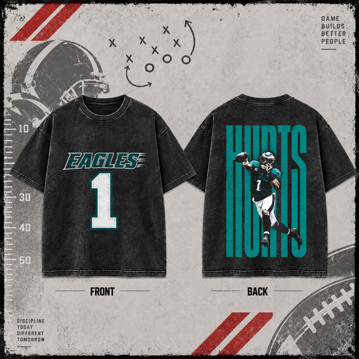 Jalen Hurts #1 | Premium NFL Player Graphic Acid Wash T-Shirt